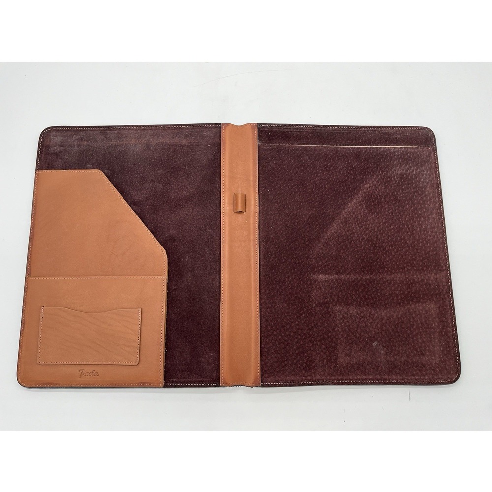 Paolo TAN BROWN REAL LEATHER ATTACHE PAPER HOLDER Used VTG 10x12.5"